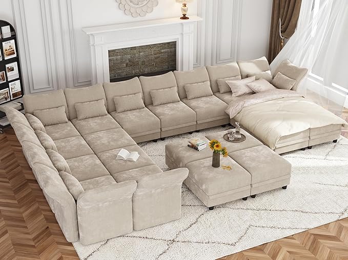 LLappuil Oversized Sectional Sofa Sleeper 21 Seater U Shaped Modular Sectional Couches for Living Room with Storage, Adjustable Armrest Backrest, Chenille, Khaki