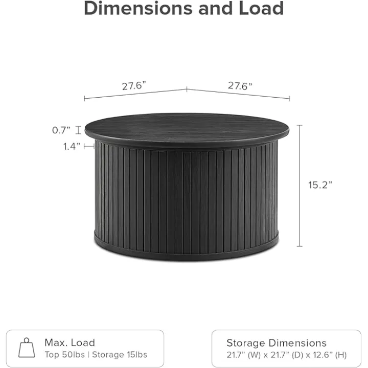 Mopio Quin Round Coffee Table with Storage, Drum Accent Coffee Table, Mid Century Modern Wood Coffee Table, Fluted Center Table with Removable Lid, Tea Table, Tambour Circle Table, Living Room (Black)
