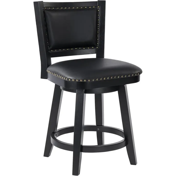 Benjara Kera Swivel Counter Height Stool Chair, Wood, Nailhead Faux Leather, Black and Brass