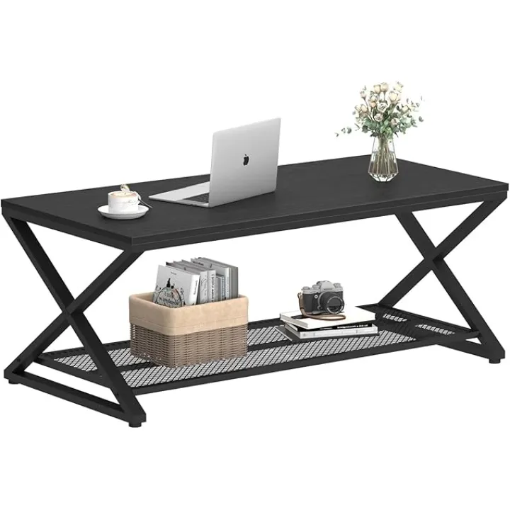 LVB Black Coffee Table, Metal Wood 2 Tier Center Tables with Storage Shelf, Modern Rectangular Cocktail Tea Table for Living Room, Wooden Middle Concrete Table for Office Bedroom, 39 inch, Black Oak