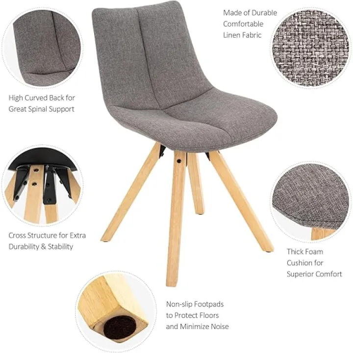 Mid-Century Modern Dining Chairs Set of 2 – Upholstered High Back Kitchen Chairs with Tufted Linen Fabric Seat, Solid Wood Legs, Stylish Accent Chairs for Dining Room,Kitchen,Living Room (Grey)