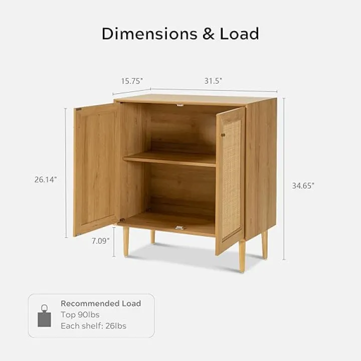 Rattan Storage Cabinet Set of 2 Accent Sideboard Cabinet, Farmhouse Boho Buffet Kitchen Bar Credenza with Adjustable Shelves for Dining Room (Square Doors/Oak)