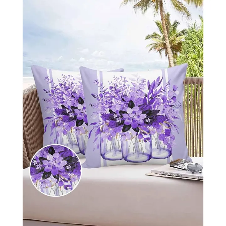 Outdoor Pillow Covers Waterproof, Purple Eucalyptus Throw Pillowcase Decorative Cover, Farmhouse Spring Summer Botanical Floral Garden Cushion Case Set of 2 for SofaCouch Tent Patio 26"x26"