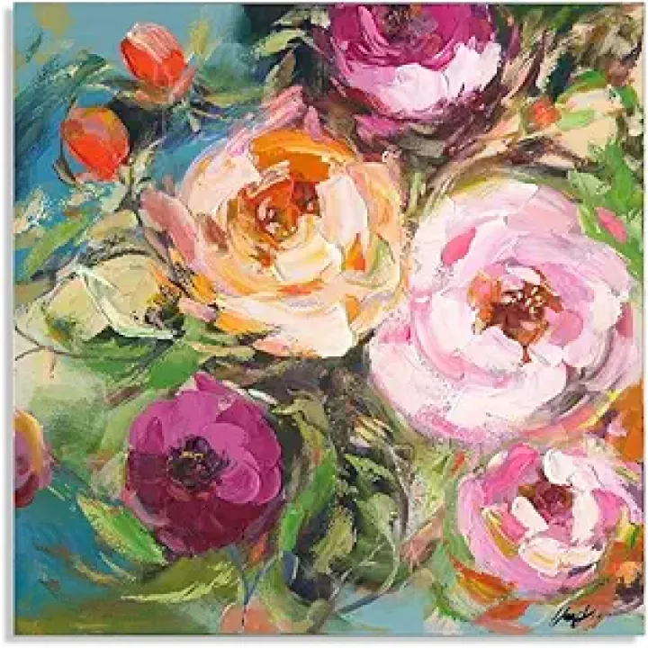 Vibrant Floral Canvas Wall Art - Abstract Flowers Pictures for Home and Office Decor - Colorful Wall Art with Expressive Brushstrokes - Perfect for Living Room, Bedroom, Bathroom - 12"x12" Framed