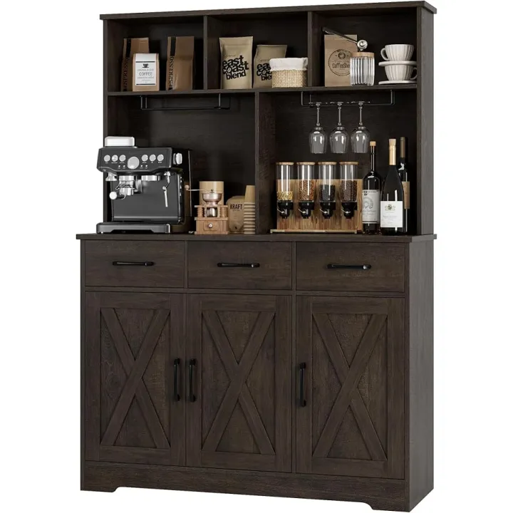 HOSTACK Buffet Cabinet with Hutch, Modern Farmhouse Kitchen Buffet Sideboard Storage Cabinet with 3 Drawers, Barn Door Coffee Bar Station for Dining Room, Living Room, Dark Brown
