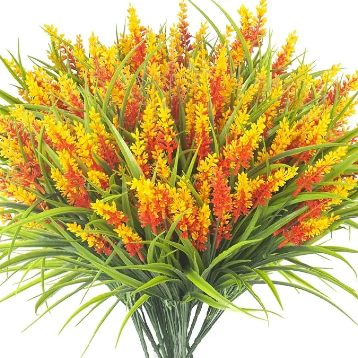 20 Bundles Artificial Plants Outdoor Fake Monkey Grass with Flowers (Orange Red)