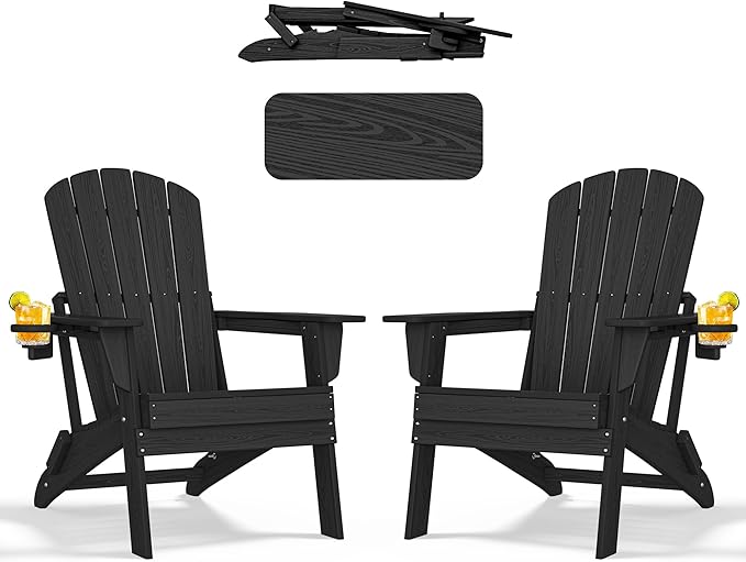 Folding Adirondack Chair - Extended Ergonomic Backrest, Cup Holder - Easy Assembly - Durable HDPE Plastic, Weather Resistant & Maintenance-Free - Lawn, Patio, Deck Supports 400lbs Black