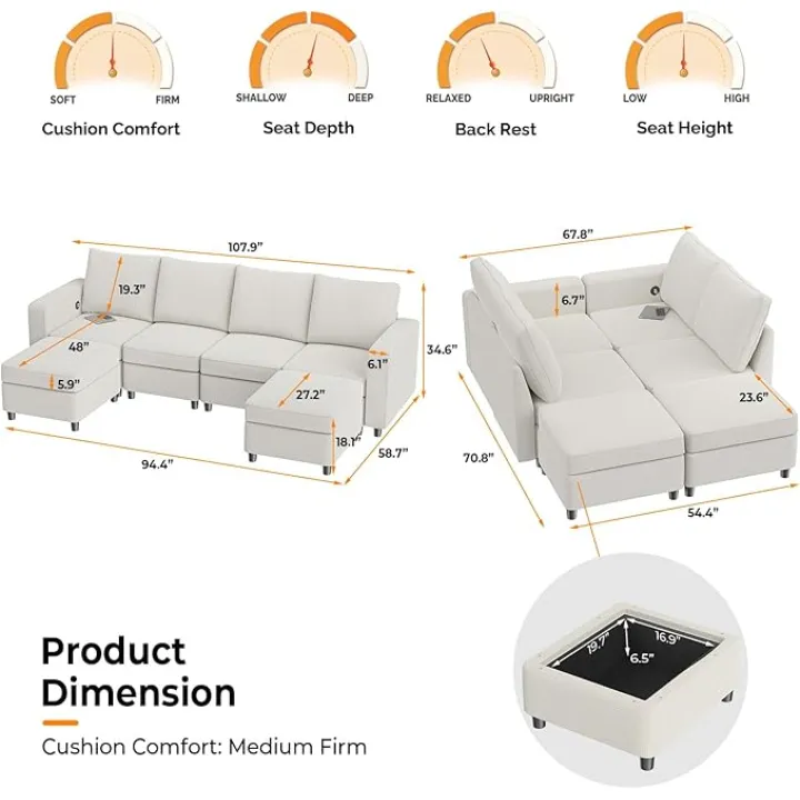 VINGLI 108" Beige Modular Sectional Sofa with Storage and USB Chargers, U-Shaped Sectional Sofa with 4 Seats 2 Ottomans, 6 Pieces Modern Couch Sleeper Convertible Couch Bed for Living Room