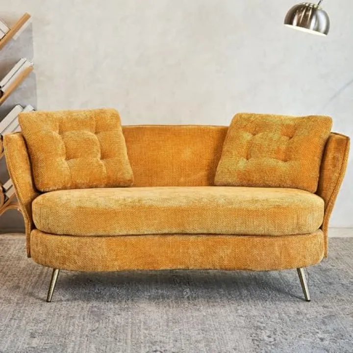 Ochangqi 64 Inch Curved Loveseat, Small Loveseat Sofa for Small Space, Modern Couch & Office Sofa for Bedroom Livingroom, 2 Pillows, Gold Legs (Yellow)
