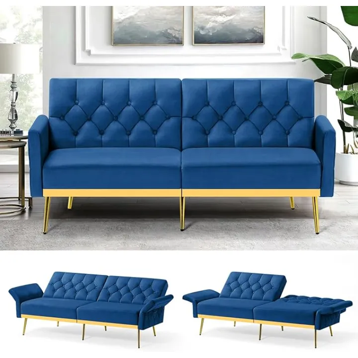 Velvet Futon Sofa Bed w/Adjustable Armrests & Backrests, Button Tufted Sleeper Couch, Modern Convertible Loveseat Sofa for Bedroom, Living Room, Apartment, Blue