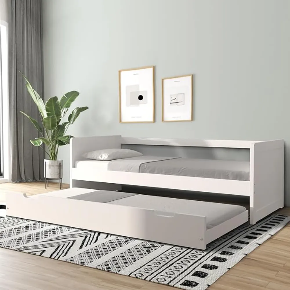Twin Daybed with Trundle, Modern Wood Daybed with Armrest, Wood Daybed Frame for Boy, Girl, No Box Spring Needed, White