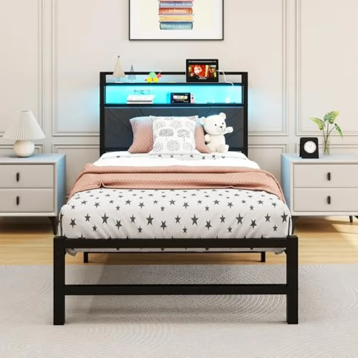 HOMERECOMMEND Telaio per letto singolo con testiera imbottita, struttura per letto imbottita, base per materasso, supporto a doghe in acciaio resistente, contenitore sotto il letto, facile da montare