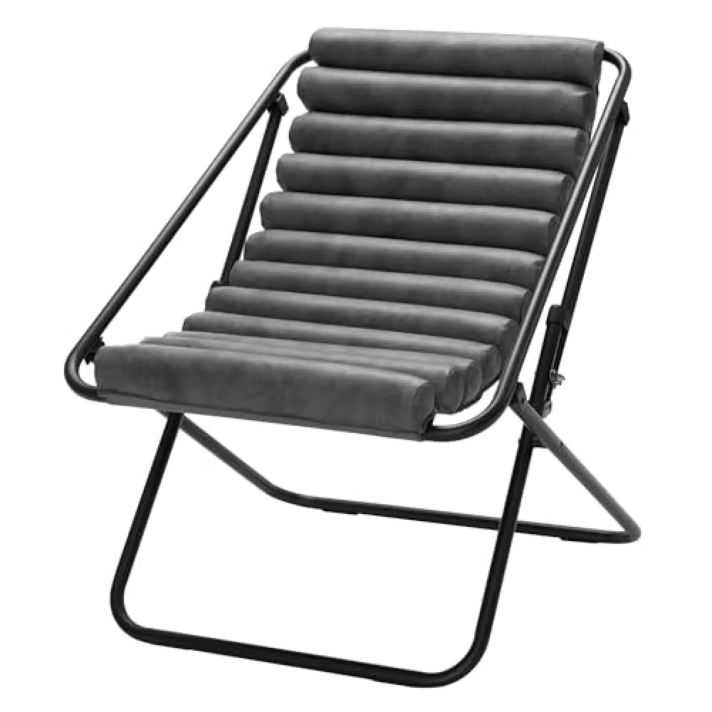 Urban Lifestyle Vegan Leather Ribbed Folding Sling Lounge Chair with Metal Frame, Grey,28"x22"x30"