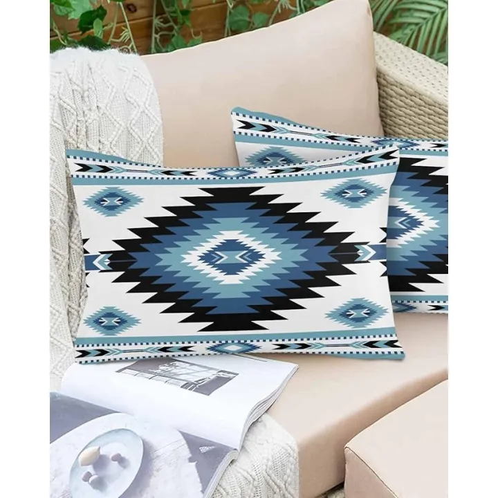 Lumbar Pillow Covers 12 x 20 in, Blue Black Southwest Waterproof Throw Pillow Cover Set of 2, Western Geometric Ethnic Home Decorative Rectangle Cushion Covers for Patio/Tent/Couch/Garden