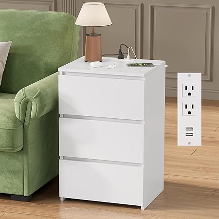 FOTOSOK White Nightstand, 26" H White Night Stand with Charging Station, White Nightstand with USB Ports & Power Outlets, Silent Slides, Wooden End Side Table Bedside Table with 3 Drawers for Bedroom