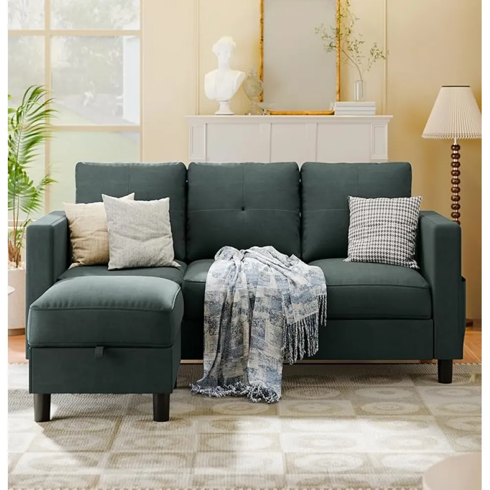 SUNLEI L-Shaped Sofa Couches for Living Room, 79" Convertible Sectional Sofa Couch, Small Modular Sofa with Linen Fabric & Chaise, Midnight Grey