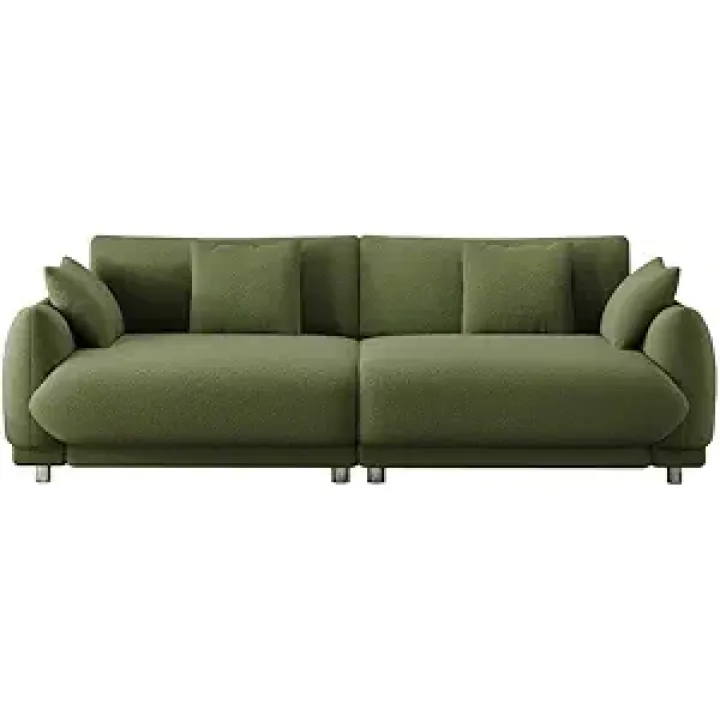 86.6 Inch Modern Teddy Wool Sofa, with 4 Throw Pillows, Hardware Feet, Mid Century Comfortable Couches, Solid Wood Frame Bedroom Couch, for Apartment