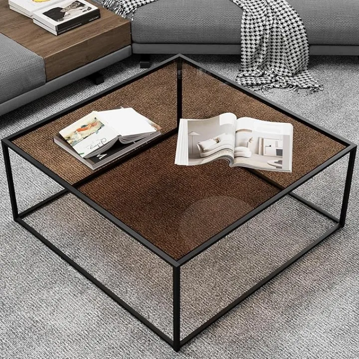 Glass Coffee Tables, Modern Center Square Coffee Table for Small Space,Small Minimalist Nesting Table for Living Room,Tempered Glass-top with Sturdy Metal Frame,Easy Assembly,27in, Brown Black