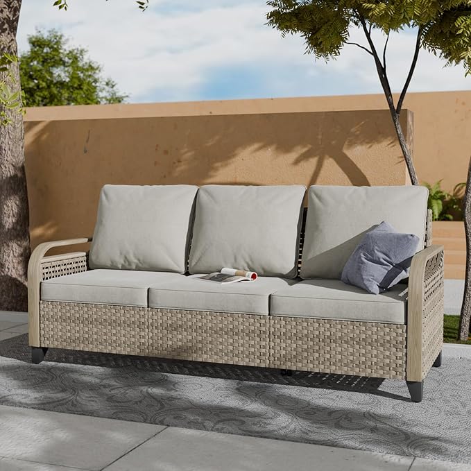 COOS BAY Modern Wicker Outdoor Sofa Furniture, Small Balcony Furniture, Patio Loveseat Sofa for Garden, Backyard, Deck, Porch, 3 Seat Couch, Brown/Gray
