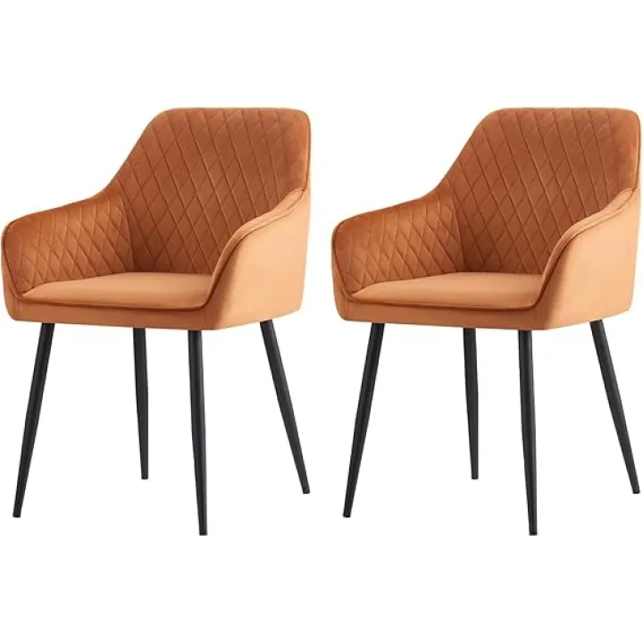 Velvet Dining Chairs Set of 2 Orange Upholstered Chairs for Dining Room Modern Tufted Dining Chair with Arms