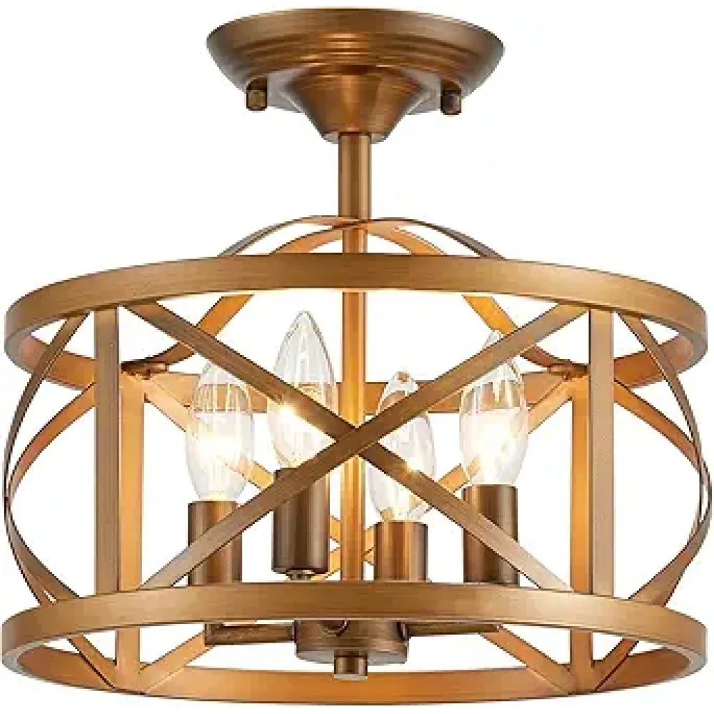 Semi Flush Mount Ceiling Light, Rustic Vintage Farmhouse 4-Light Bronze Fixture With Metal Cage, Industrial Close to Ceiling Lamp for Entryway Bedroom Kitchen Living Room
