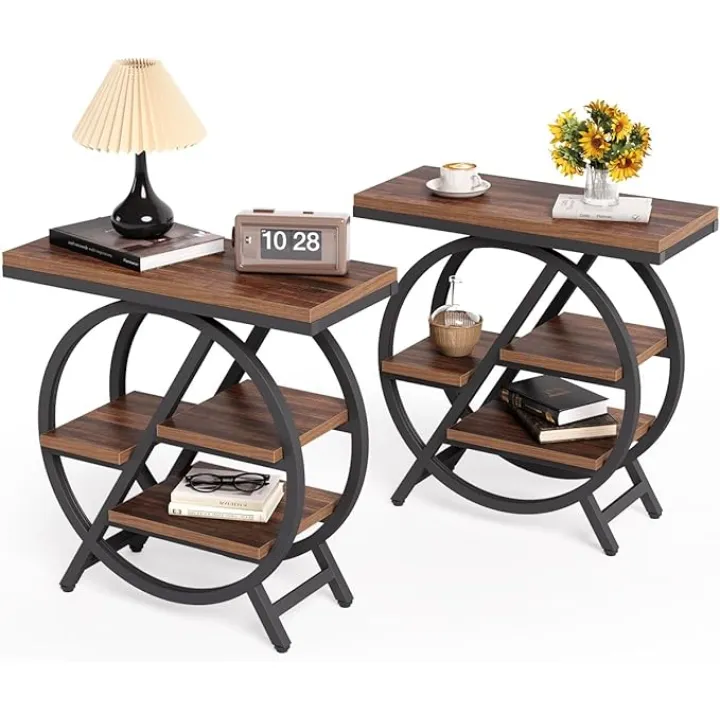 LITTLE TREE End Table, Narrow Side Table with 4-Tier Large Storage Space, Modern Bedside Table for Living Room, Home Office, Bedroom, Set of 2, Grey