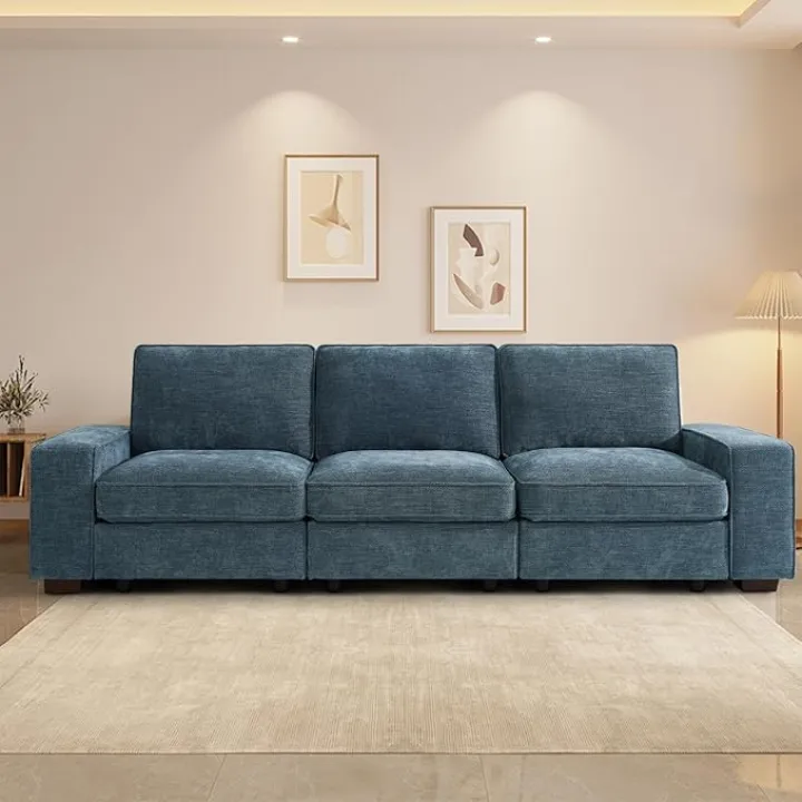 TEKAMON 100" Modular Sofa with Seats Storage, Comfy 3-Seater Chenille Fabric Couch for Living Room, Office, Apart W/Deep Seat, USB Charging, Upholstered Couch with Removable Cover (Blue)