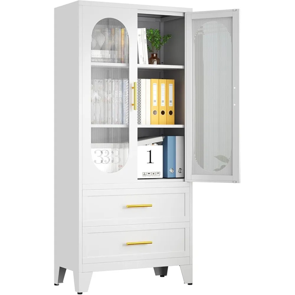 White Metal Storage Cabinet, Acrylic Glass Display Cabinet with Doors and 2 Adjustable Shelves, Kitchen Pantry Cabinet with 2 Drawers, Floor Office Locker for Kitchen, Living Room, Home Office