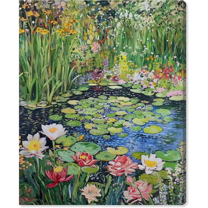 Impressionist Pond Gallery Wrapped Impressionism 1 Piece Canvas Wall Art/Monet And Van Gogh Inspired Art, 16" x 20", Gallery Wrapped
