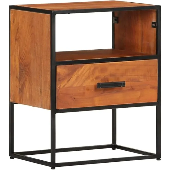 Bed Cabinet 15.7"x11.8"x19.7" Solid Acacia Wood,Acacia Wood Nightstand with Drawer and Compartment Modern Industrial Bed Cabinet