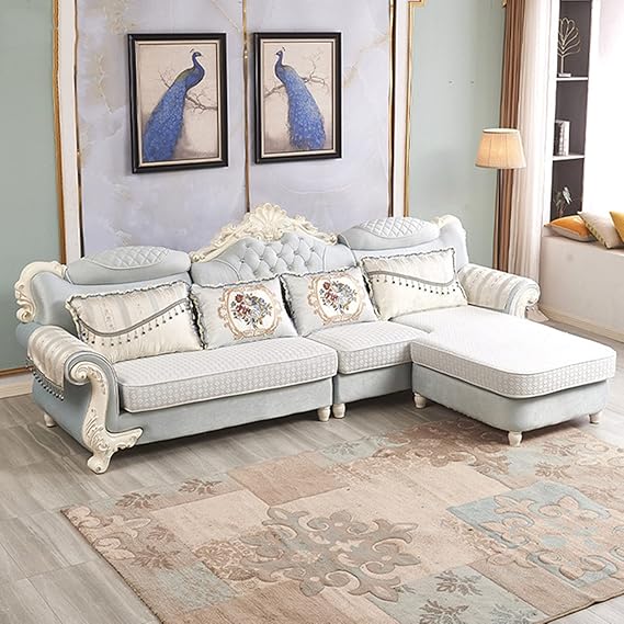 Modern Fashion Living Room Sofa w/Corner Chaise Longue, Farmhouse Decoration L Shape Velvet Fabric Sectional Sofa Couch, Removable & Washable Solid Wood Sofa, Light Blue