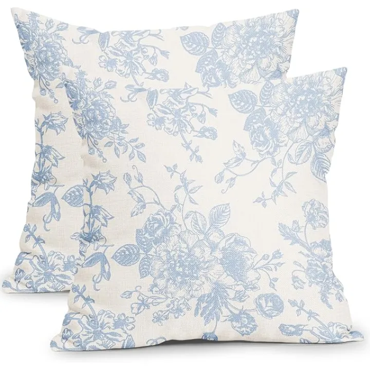 Vintage Floral Pillow Covers 18x18 Inch Set of 2 Baby Blue and Cream Floral Throw Pillow Covers Chinoiserie Flower Pillowcases Rustic Farmhouse Cushion Covers for Couch Home Decor