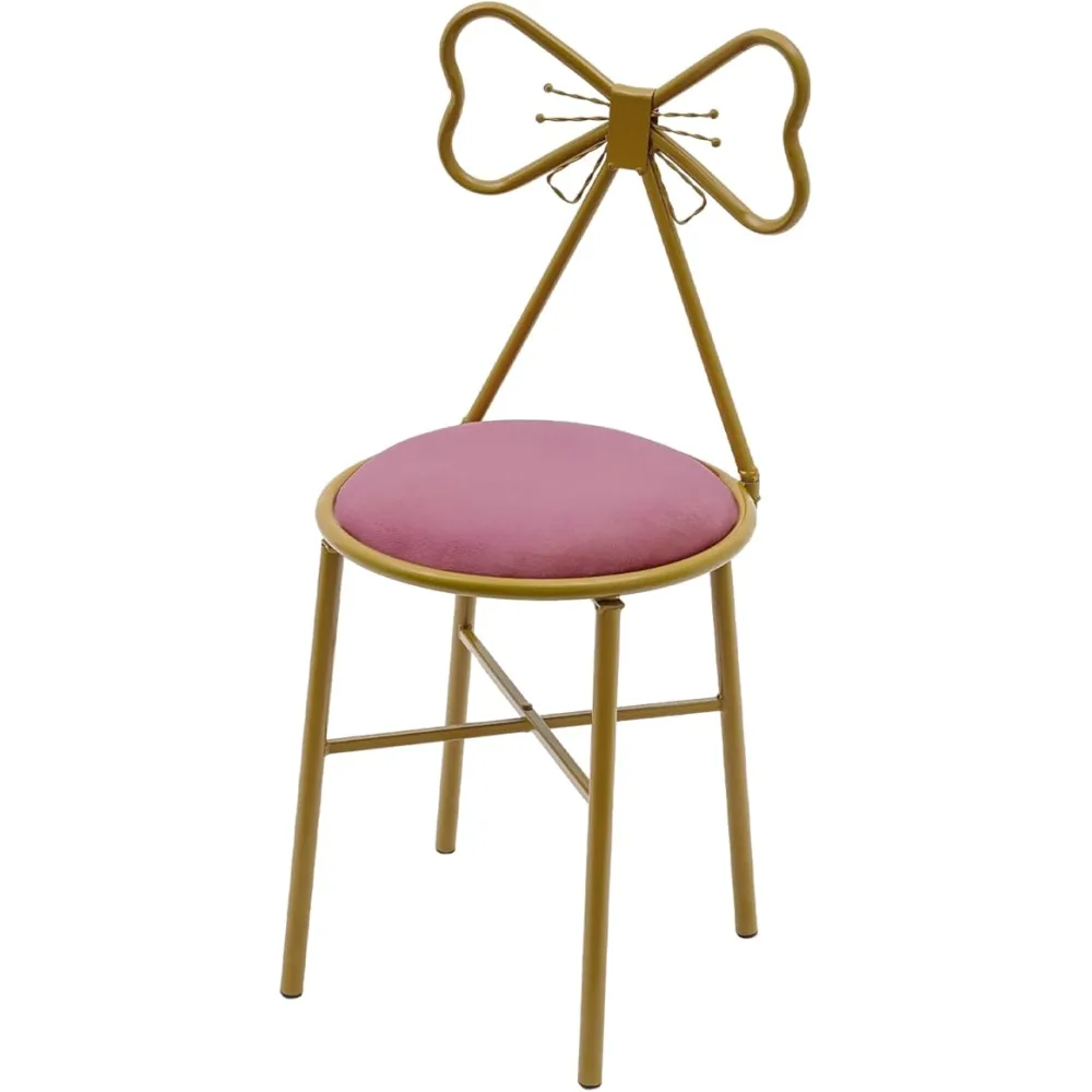 TBVECHI Makeup Vanity Girl Chairs Stool for Bedroom with Bow Knot Backrest, Pink Chair Butterfly Shaped Side Table Seat Dressing Chair with Golden Metal Leg, Velvet Cushion for Girl Daughter Room