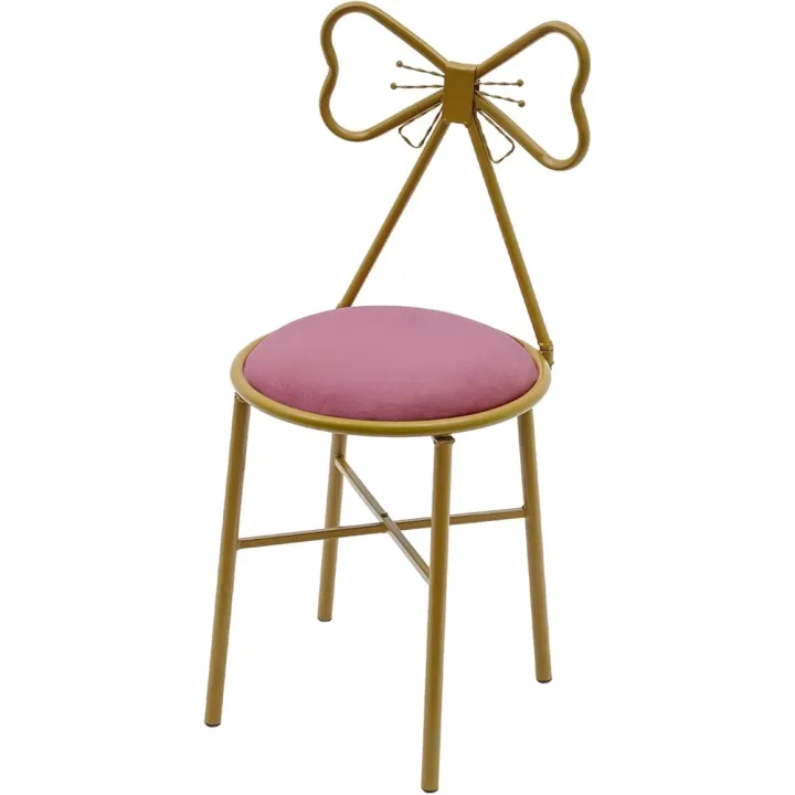 TBVECHI Makeup Vanity Girl Chairs Stool for Bedroom with Bow Knot Backrest, Pink Chair Butterfly Shaped Side Table Seat Dressing Chair with Golden Metal Leg, Velvet Cushion for Girl Daughter Room
