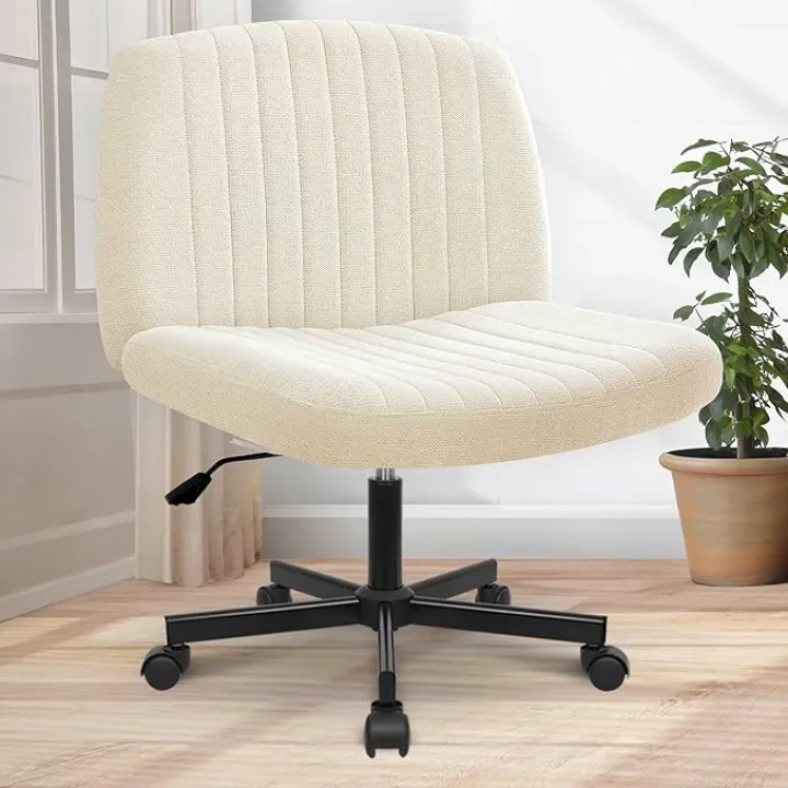 Orange Factory Criss Cross Chair Wheels Wide Cross Legged Office Desk Vanity Chair Comfy Fabric Armless Adjustable Swivel for Home Computer Task (Beige)