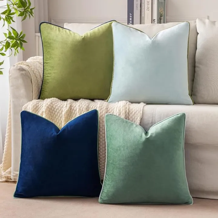 MIULEE Pack of 4 Decorative Spring Throw Pillow Covers Soft Velvet Pillow Covers Double-Sided Design Cushion Cases 4-Color Mixed Pillow Covers for Sofa Bedroom Car Summer 18 x 18 Inch Green/Blue