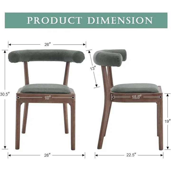Wood Dining Chairs Set of 2, Mid Century Modern Living Room Chairs with Unique Curved Open Back Comfy Upholstered Side Chair for Kitchen/Restaurant/Reception, Faux Leather Green