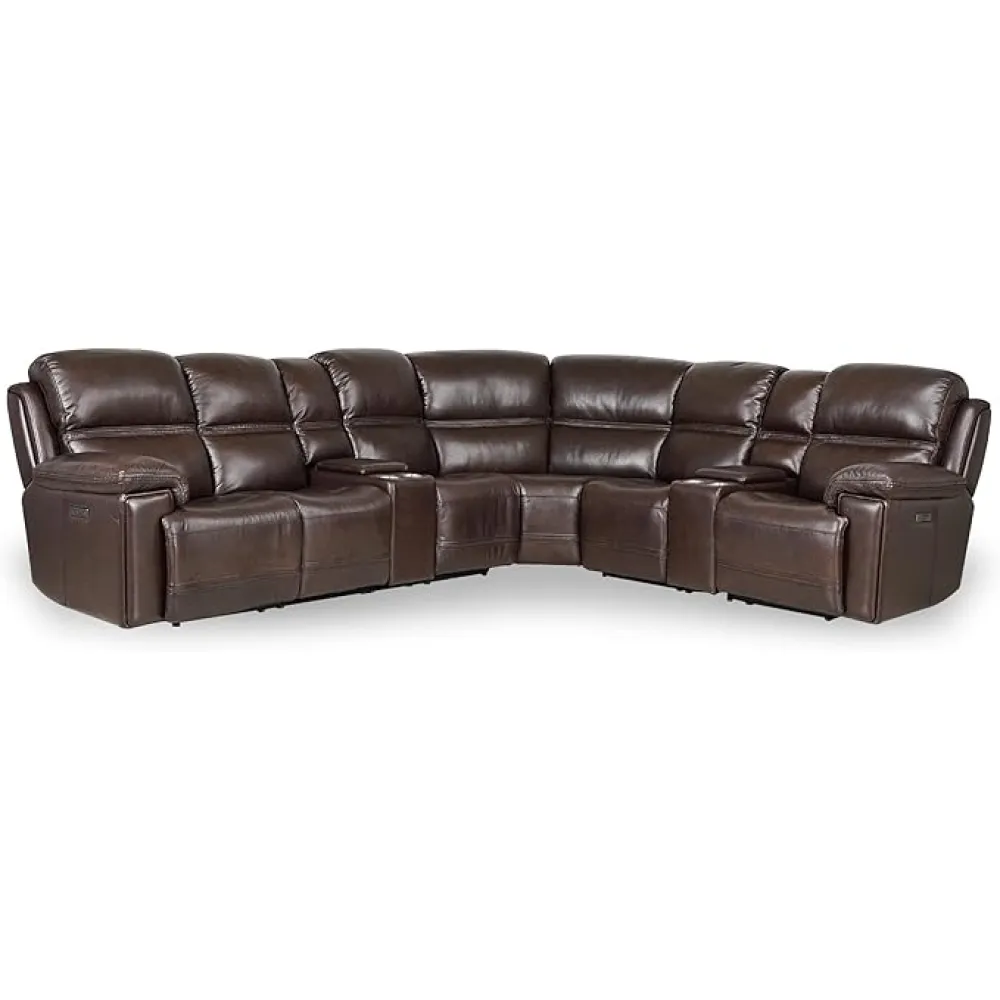 Generic Top Grain Leather Modular Power Sectional Sofa, Adjustable Headrest, Cross Stitching, Sectional 4, Brown