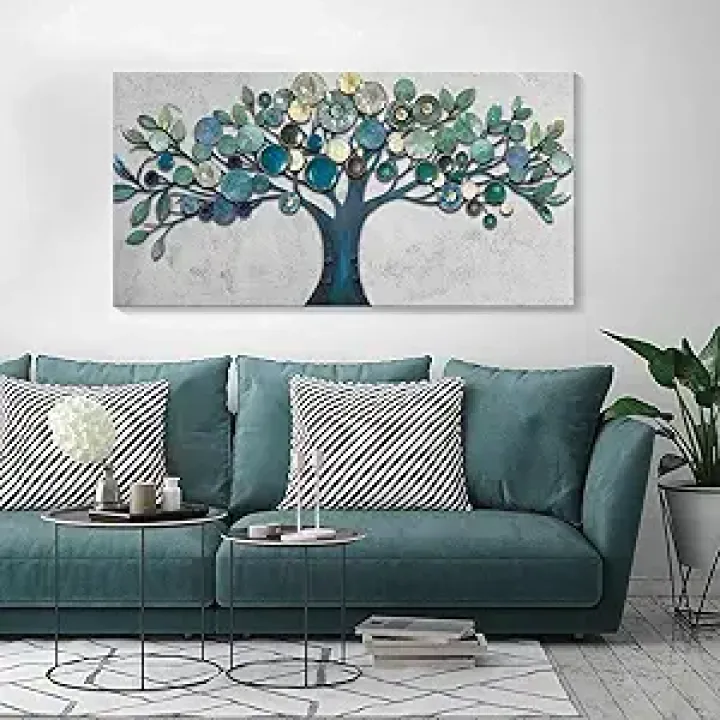CHATYOUNG Wall Art Living Room - Large Teal Blue Tree of Life Abstract Landscape Painting Modern Print Artwork for Dining Room Bedroom Bathroom Office Home Decor 48"x24"