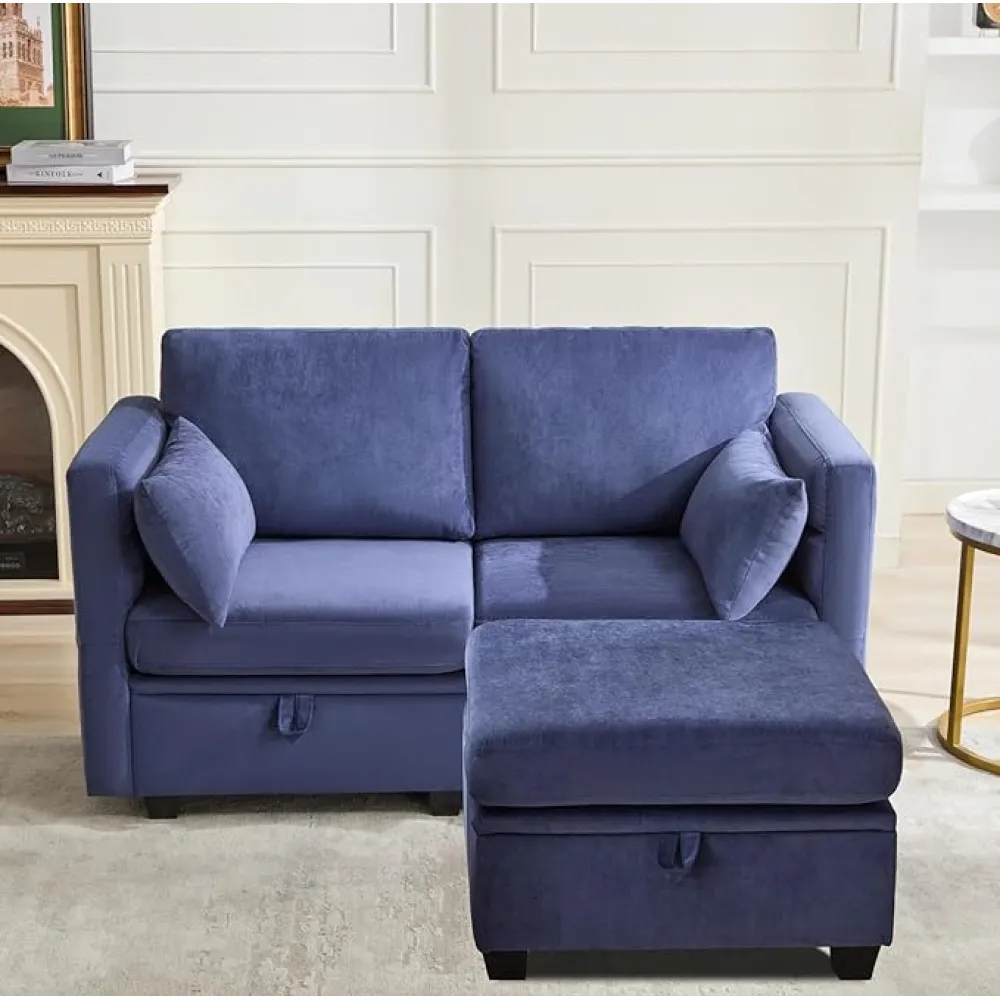 asunflower Loveseat with Storage Seats Modular Small Sectional Sofa 2 Seat Couch for Bedroom Office Convertible Deep Seat Love Seat Sofa,Blue