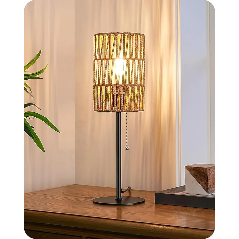 EDISHINE 19.1" Rattan Table Lamp, Tall Bedside Lamp with W-Knit Lampshade, Pull-Chain Switch & E26 Socket, Metal Base Boho Nightstand Lamp for Bedroom, Living Room, Office