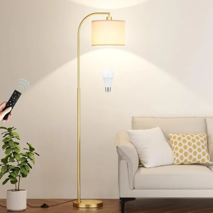 Arc Floor Lamp with Remote and Stepless Dimmable Bulb, Colors Temperature & Brightness Adjustable, Gold Floor Lamps for Living Room（Deep Beige Shade & Gold Pole）