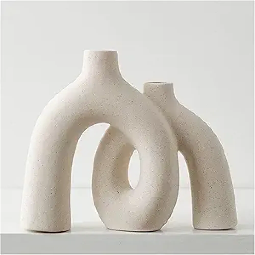 Hug Donut Decorative Vase Set - Modern Nordic Boho Style Vases Home Decor, Matte Ceramic Decorations for Living Room Shelf, Bookshelf Mantle Entryway Table or Console Décor (Cream White)