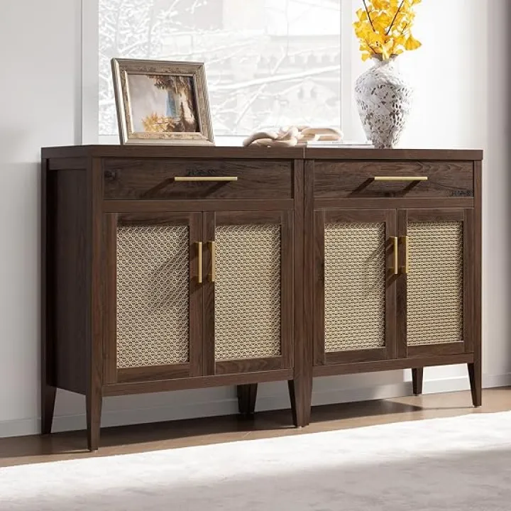 SICOTAS Sideboard Buffet Storage Cabinet, Wooden Accent Cabinet with Metal Mesh Doors and Drawer, Mid Century Modern Console Coffee Bar for Living Room Entryway, Espresso Walnut