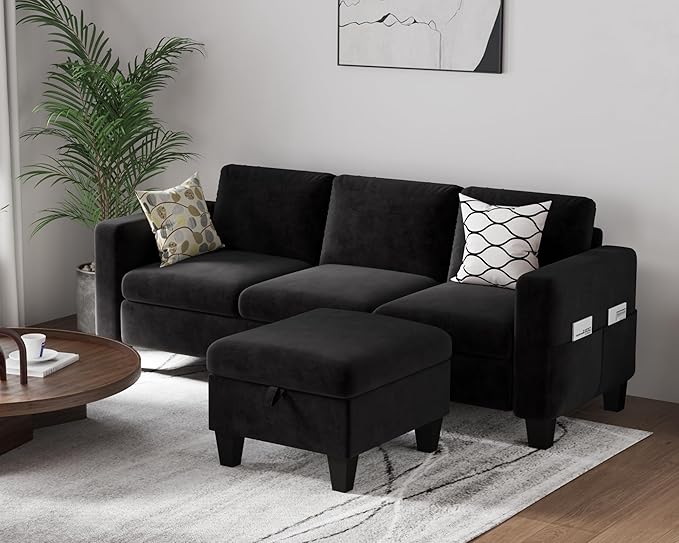 Sectional Couches for Living Room 78" L Shaped Sofa with Storage Ottoman 3 Seater Sofas (Black, 78")