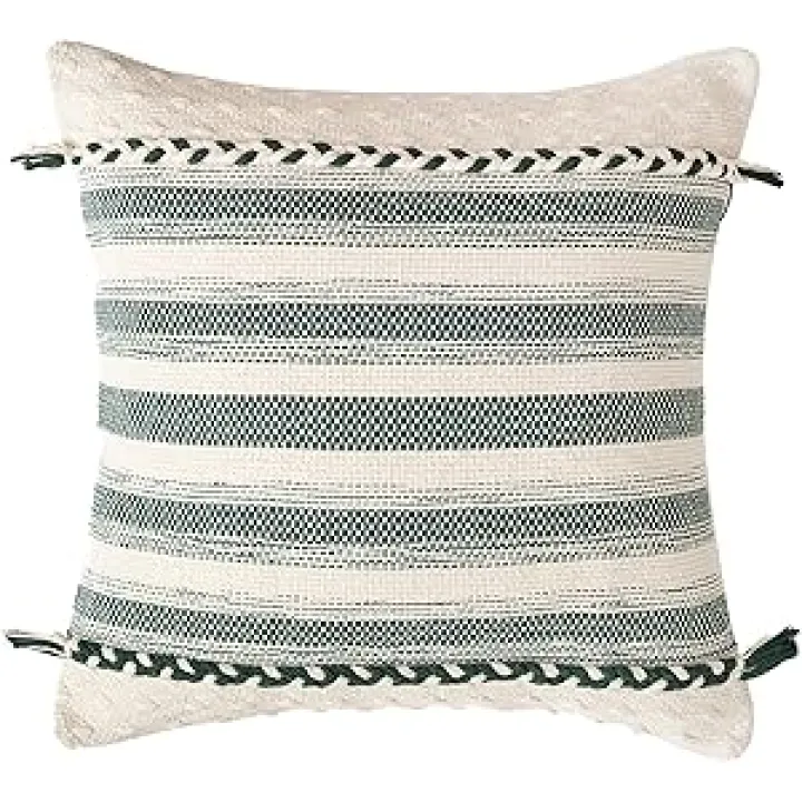 Throw Pillow Covers 18x18, Boho Decorative with Tassels Pillowcase, Woven Stripes Body Pillow Cover for Farmhouse Chair Sofa Bedroom Living Room Home Decor, Dark Green + Off-White