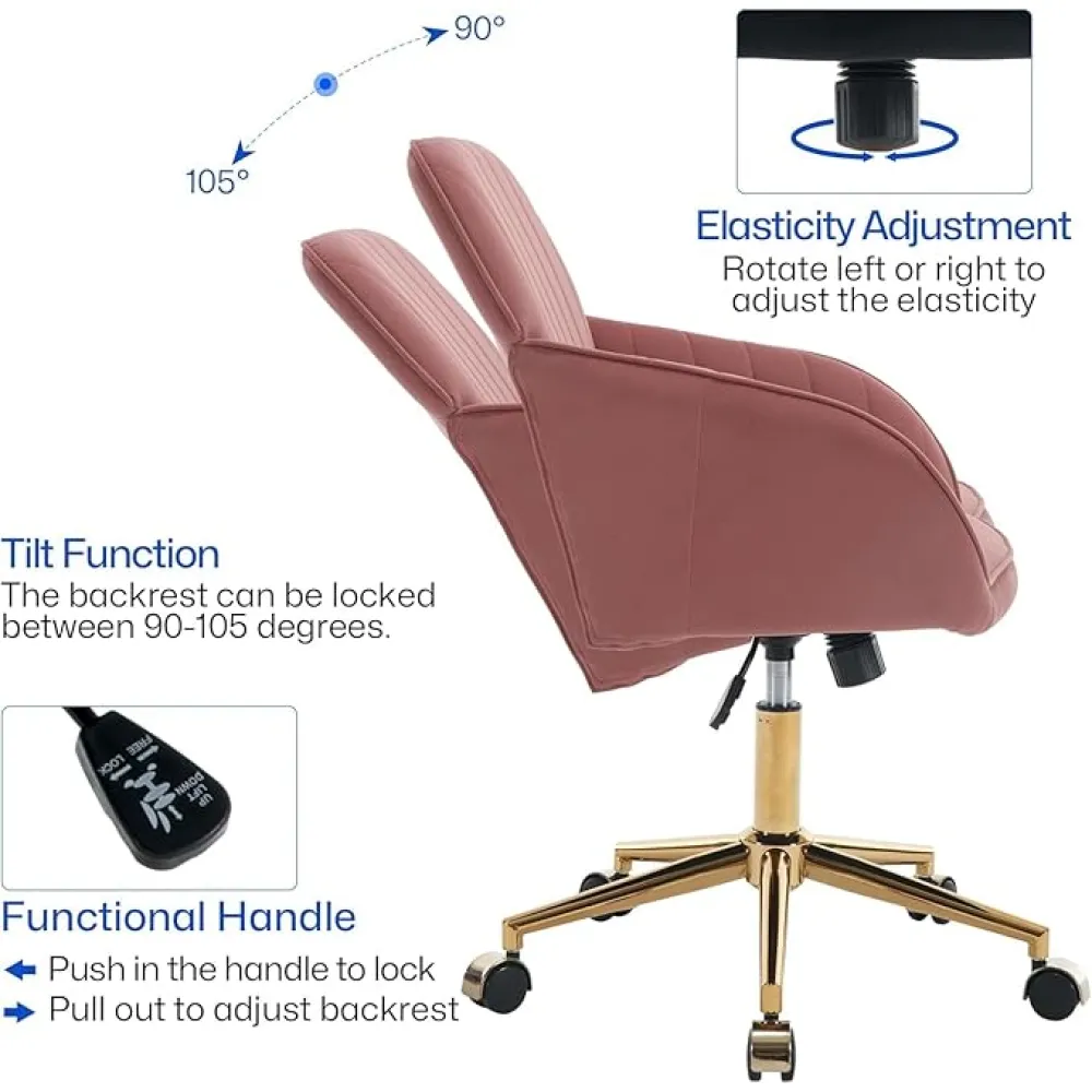 Home Office Desk Chairs, Velvet Swivel Chair with Adjustable Height, Gold Base, Modern Accent Chair for Bedroom, Living Room, Vanity Room (Gray)