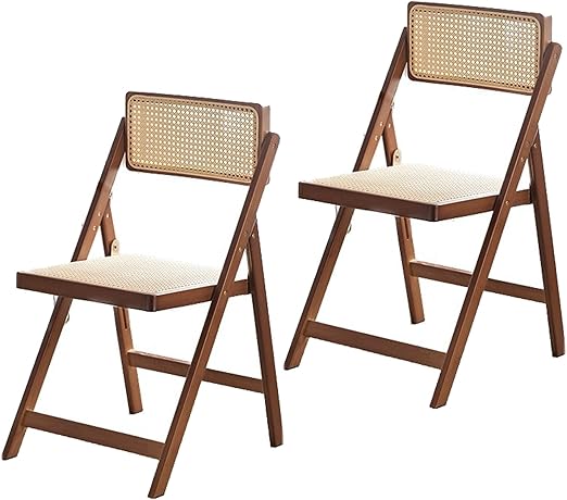 Natural Rattan Rustic Dining Chair, 45cm Seat Height Folding Dining Room Chair with Solid Wood Legs, 4cm Thickened Seat, Kitchen Wedding Party Picnic Stackable Extra Chair