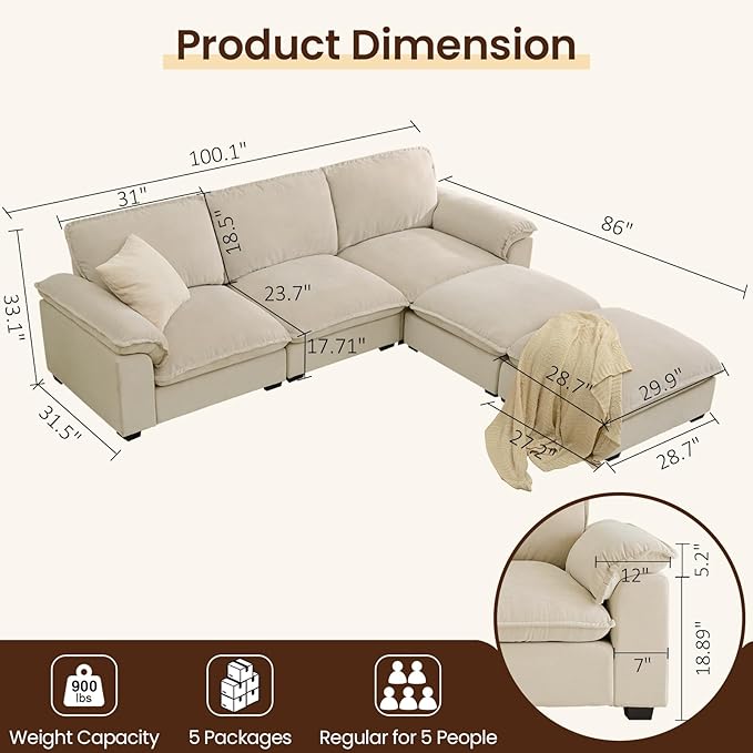 Modular Sectional Sofa Deep Seat Cloud Couch with Reversible Chaise L Shaped Couch with Padded Armrests Chenille Beige