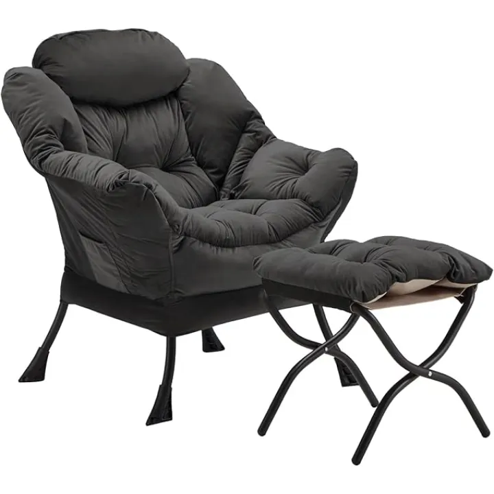 Lazy Chair with Folding Ottoman, Accent Chair Velvet Upholstered with Metal Structure and Non-Slip Pads, Sofa Armchair with Footrest and Side Storage Bag for Dorm, Office, Charcoal
